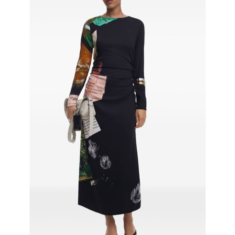 Desigual Patchwork Print Ruched Midi Dress With Graphic Long Sleeves - Picture 3 of 11